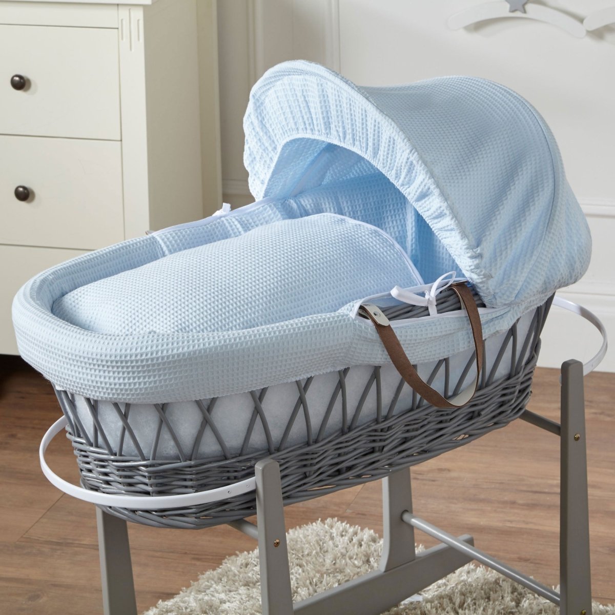 Blue Waffle Grey Wicker Baby Moses Basket With Stand - Glamorous Boutique