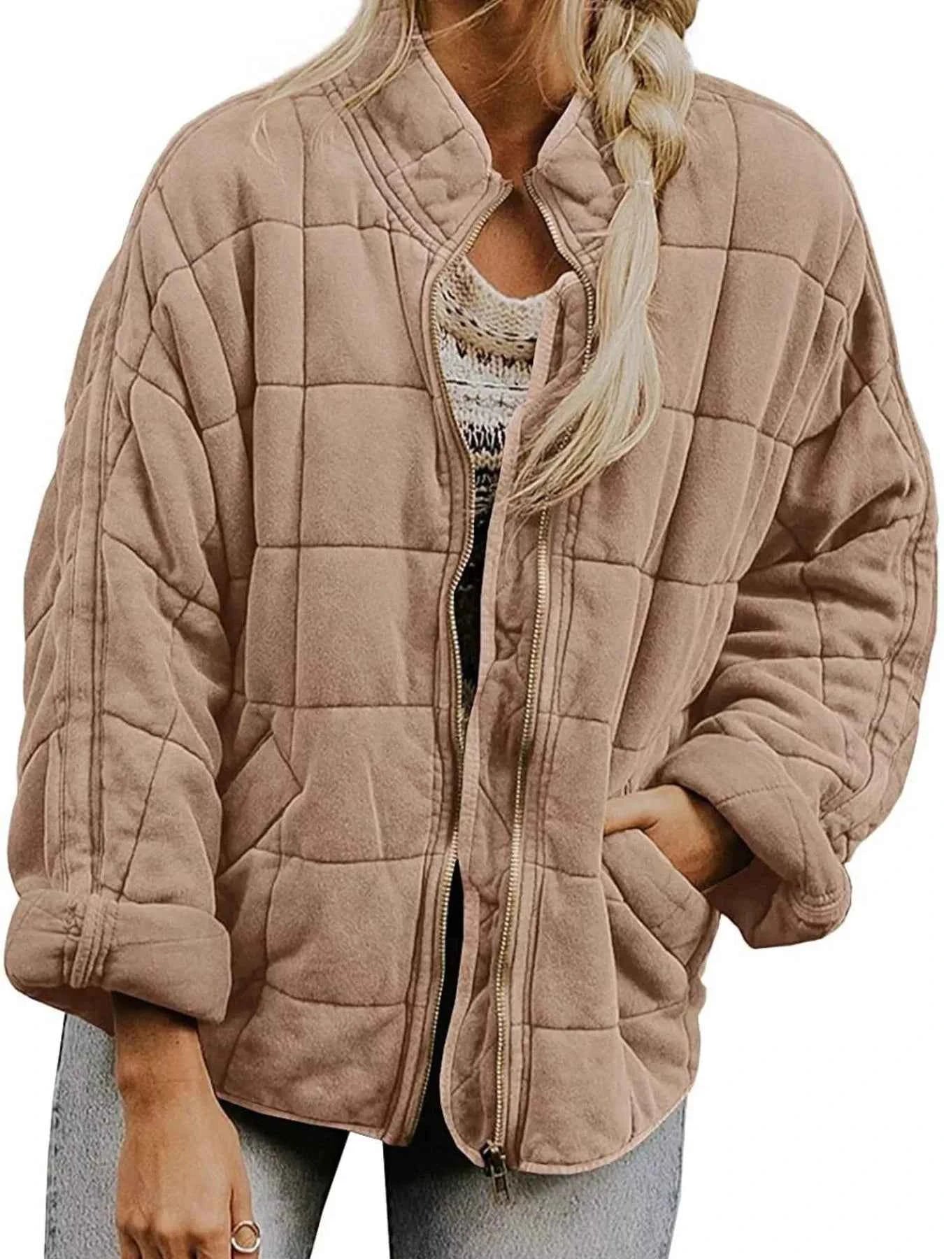Full Size Zip Up Quilted Bomber Jacket Plus Size