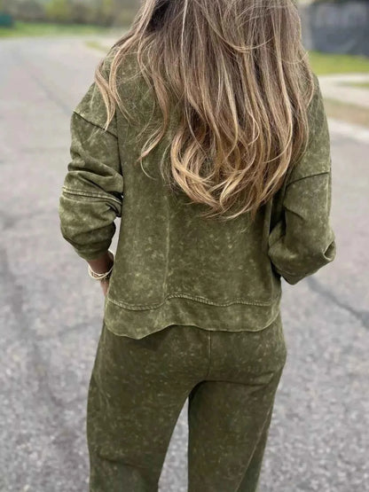 Full Size Washed Round Neck Top and Drawstring Pants Set Plus Size