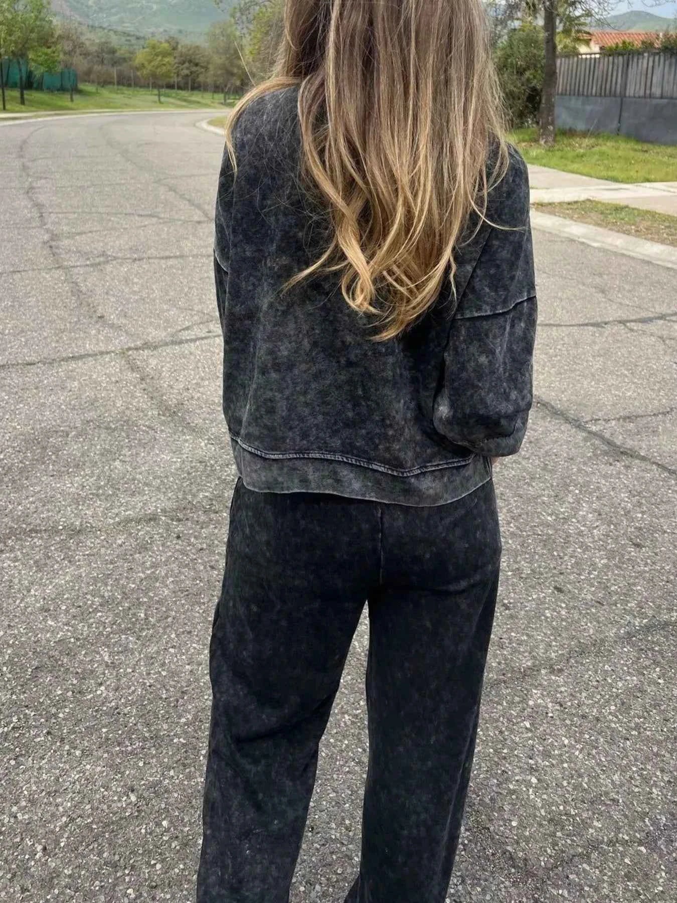 Full Size Washed Round Neck Top and Drawstring Pants Set Plus Size