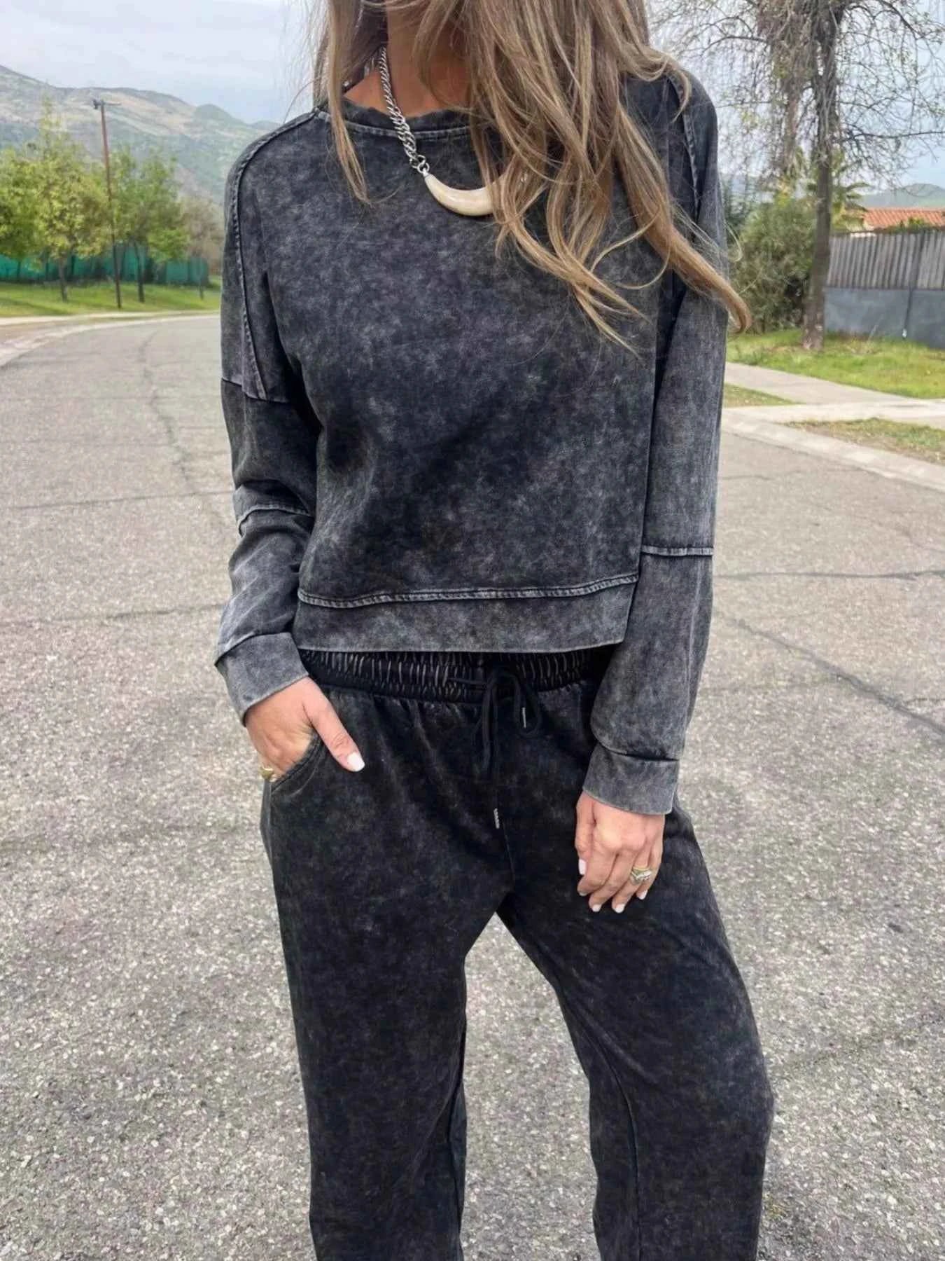 Full Size Washed Round Neck Top and Drawstring Pants Set Plus Size