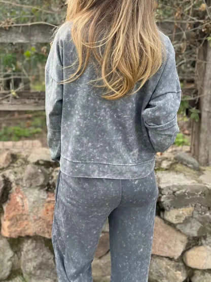 Full Size Washed Round Neck Top and Drawstring Pants Set Plus Size