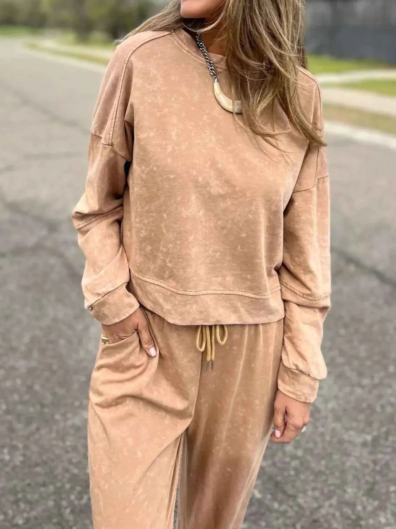 Full Size Washed Round Neck Top and Drawstring Pants Set Plus Size