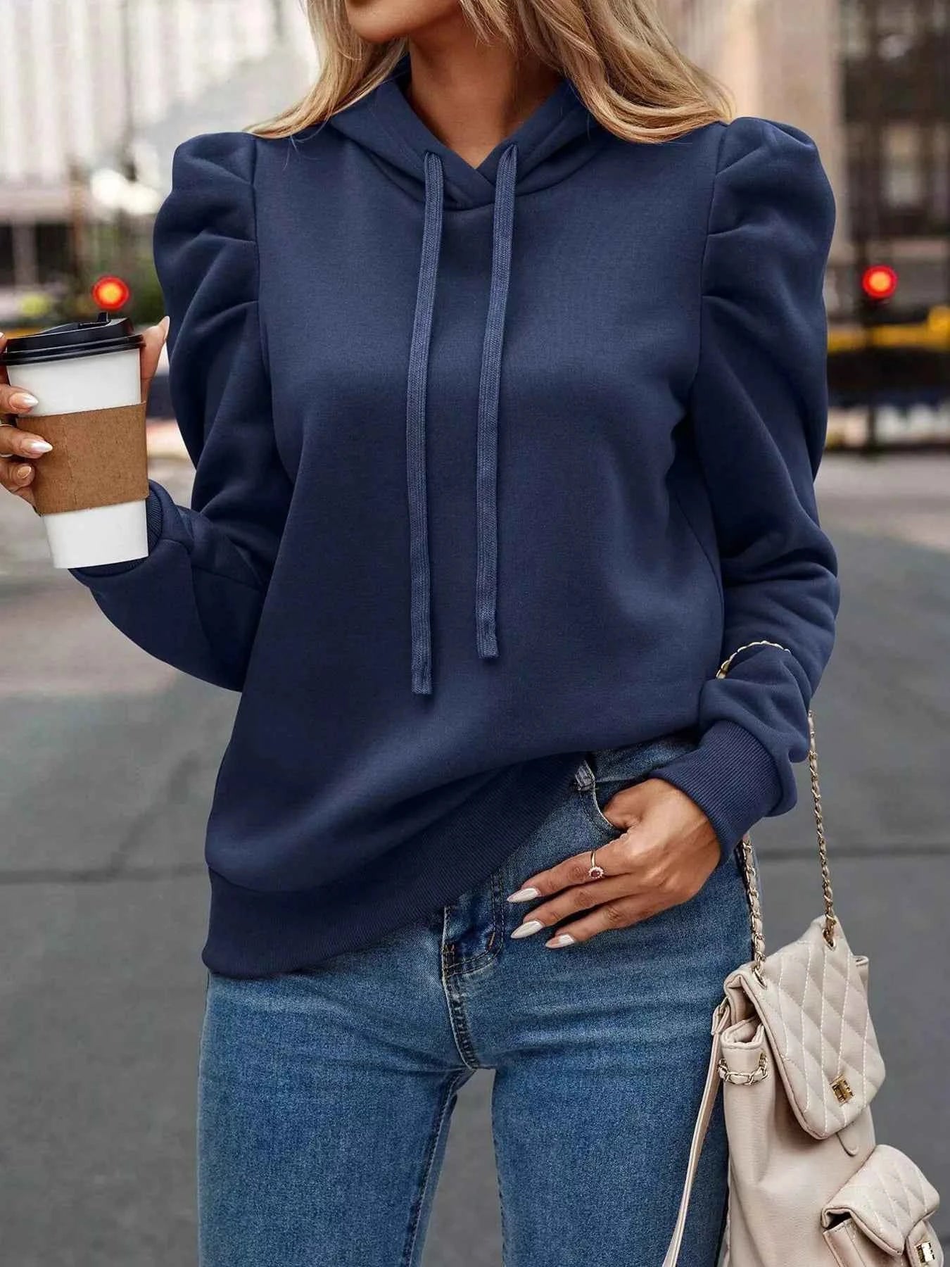 Puff Sleeve Hoodie with Drawstring