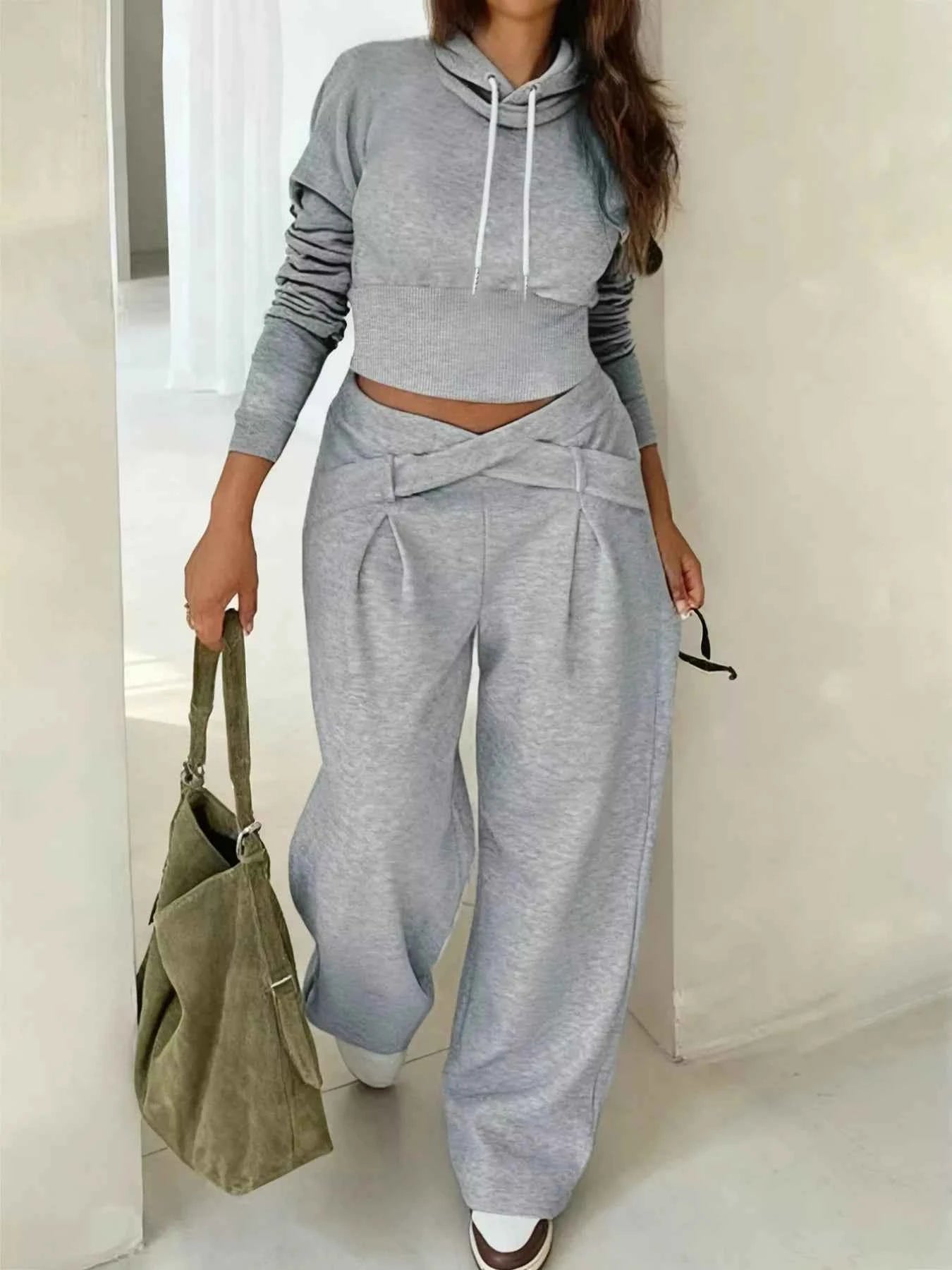 Casual Cropped Hoodie and Wide Leg Pants Set