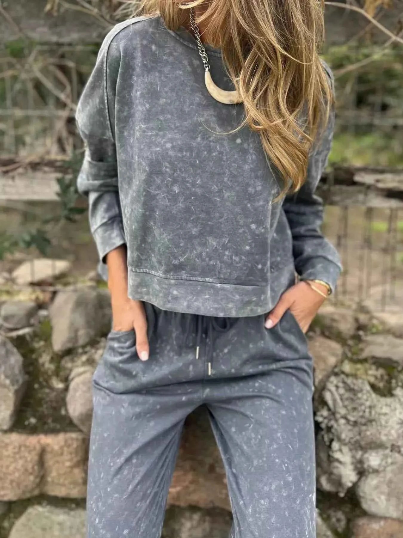 Full Size Washed Round Neck Top and Drawstring Pants Set Plus Size