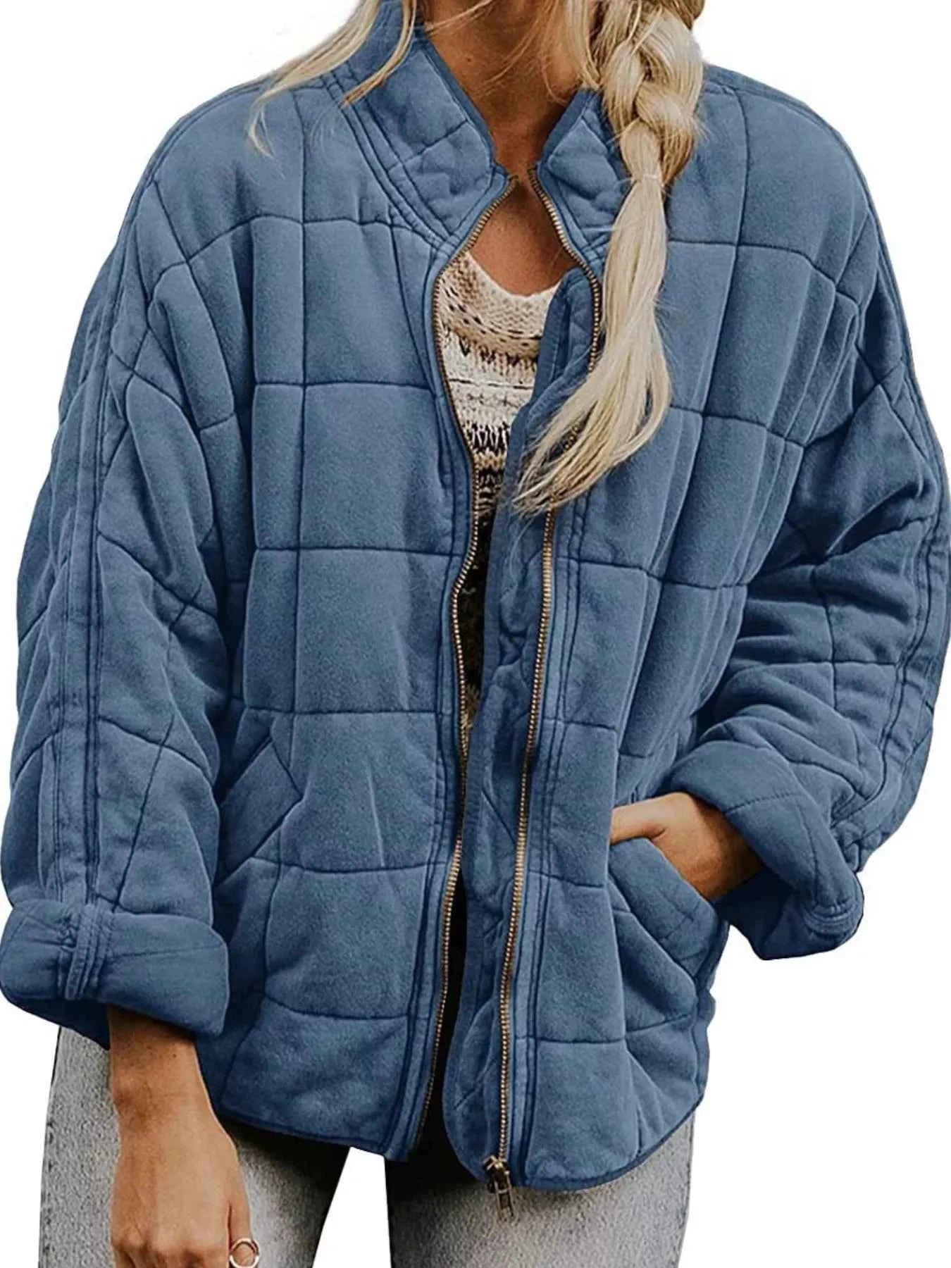 Full Size Zip Up Quilted Bomber Jacket Plus Size