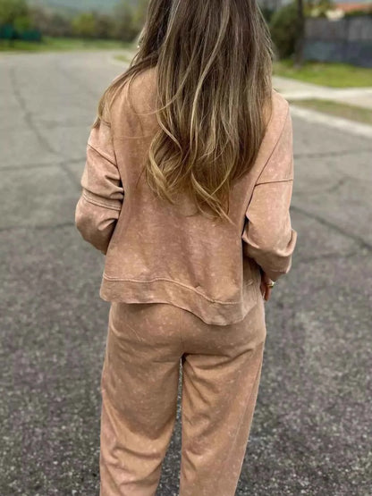 Full Size Washed Round Neck Top and Drawstring Pants Set Plus Size