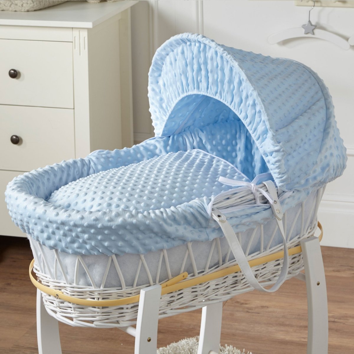 Blue Dimple White Wicker Baby Moses Basket With Stand - Glamorous Boutique