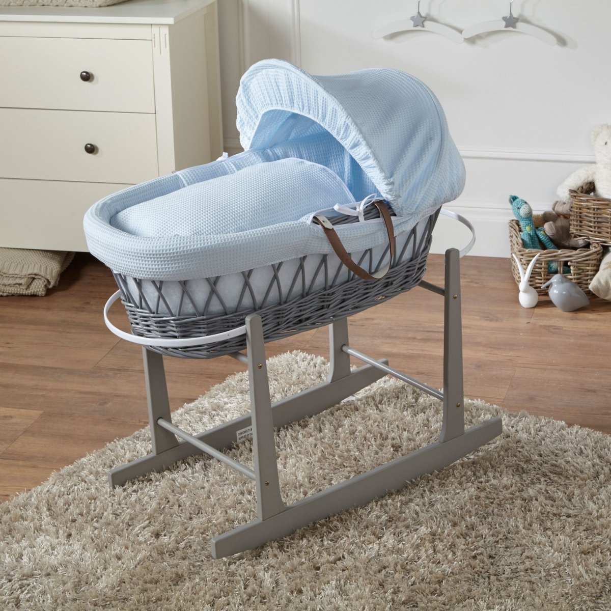 Blue Waffle Grey Wicker Baby Moses Basket With Stand - Glamorous Boutique