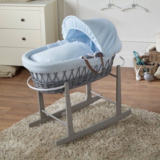 Blue Waffle Grey Wicker Baby Moses Basket With Stand - Glamorous Boutique
