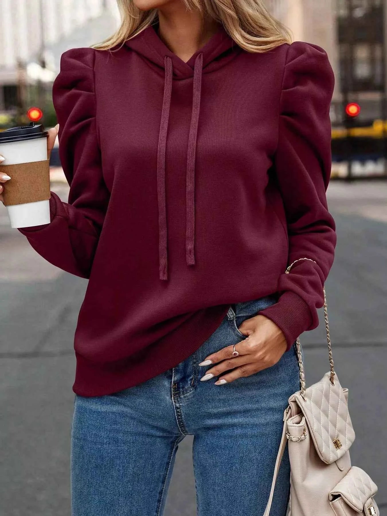 Puff Sleeve Hoodie with Drawstring