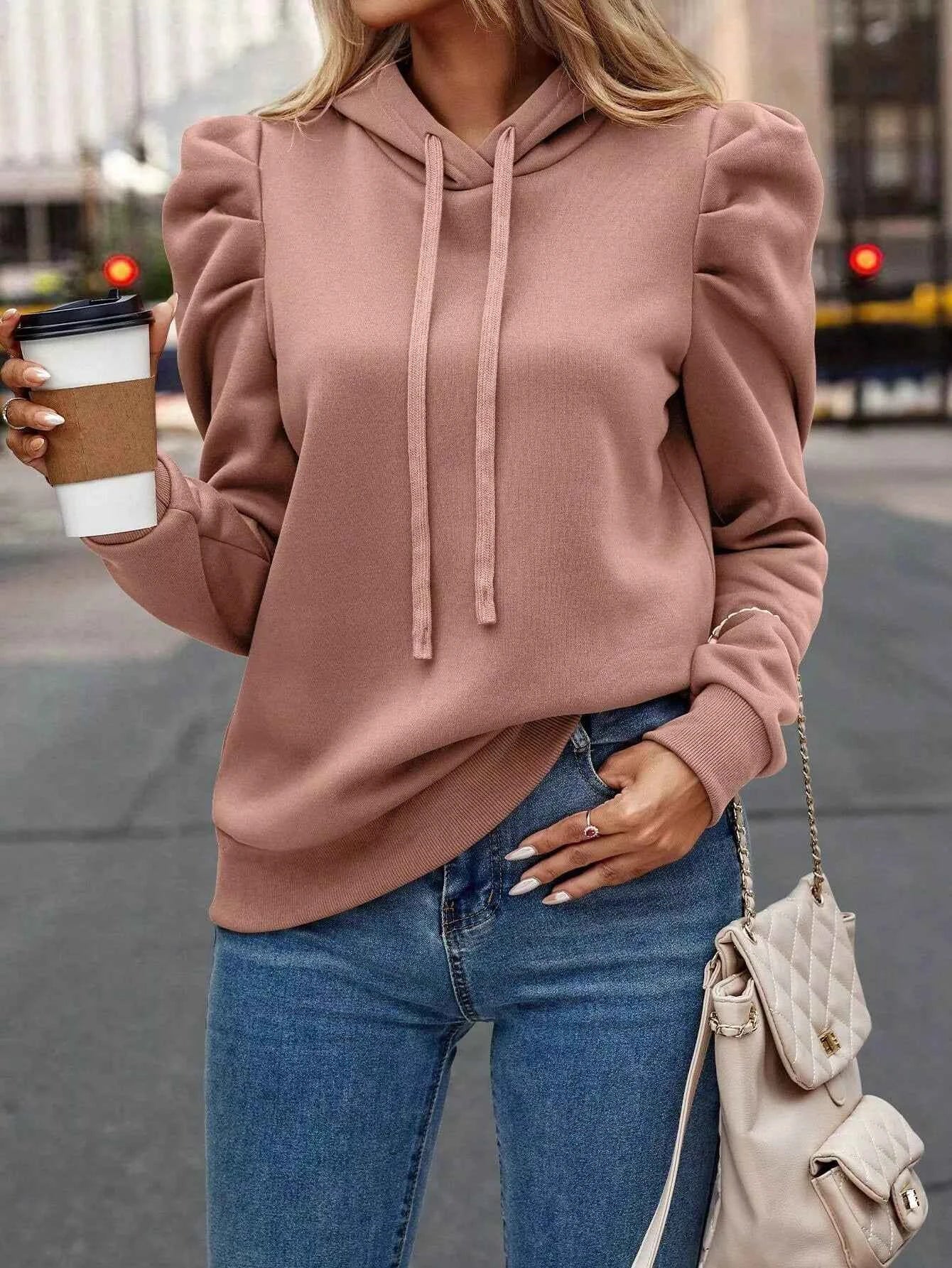Puff Sleeve Hoodie with Drawstring