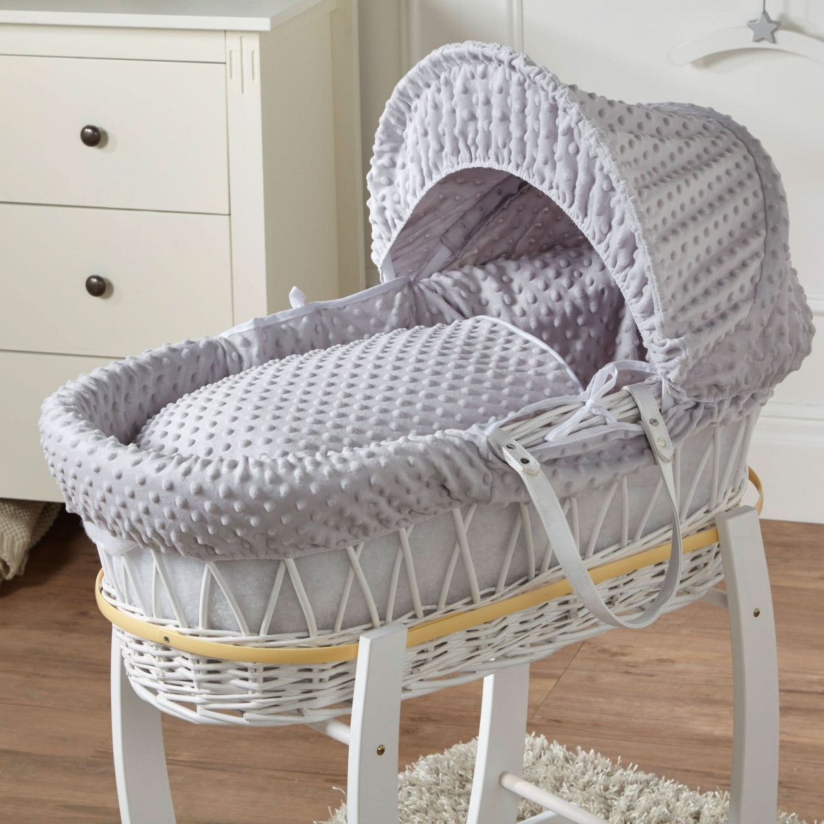 Grey Dimple White Wicker Baby Moses Basket With Stand - Glamorous Boutique