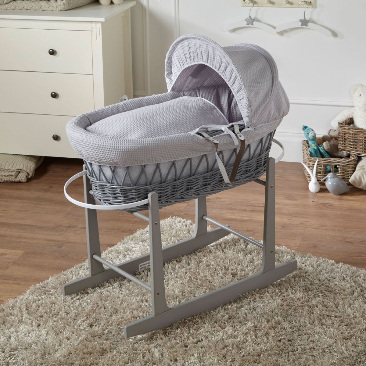 Grey Waffle Grey Wicker Baby Moses Basket With Stand - Glamorous Boutique