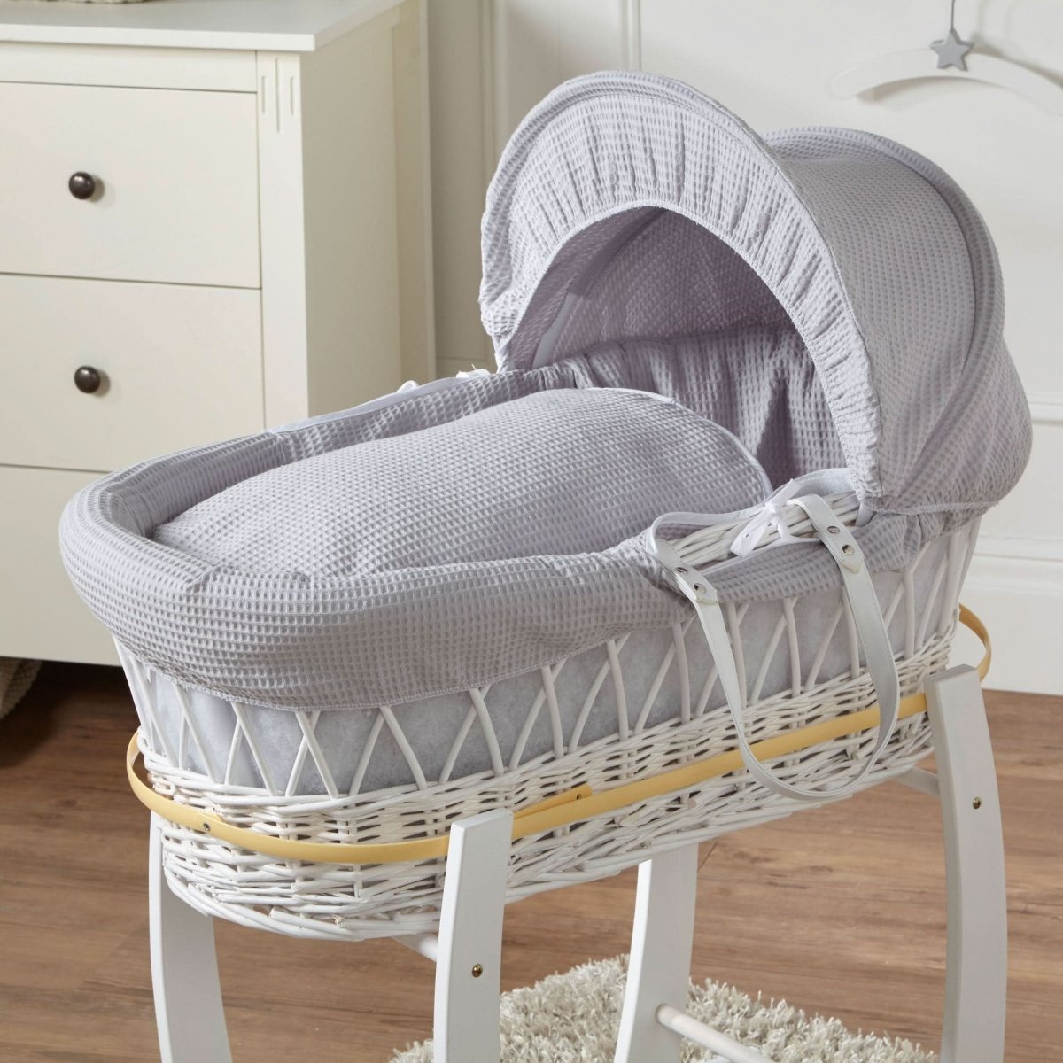 Grey Waffle White Wicker Baby Moses Basket With Stand - Glamorous Boutique