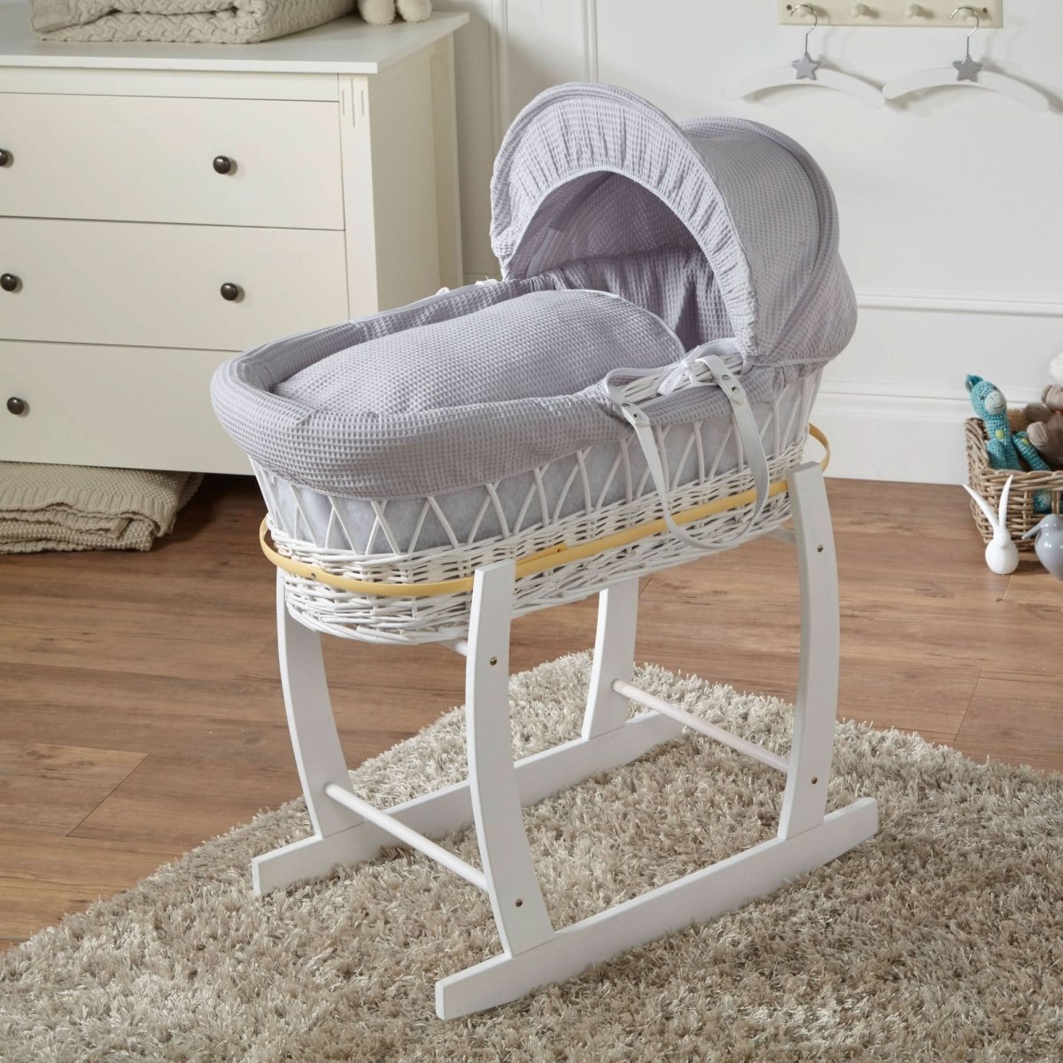 Grey Waffle White Wicker Baby Moses Basket With Stand - Glamorous Boutique