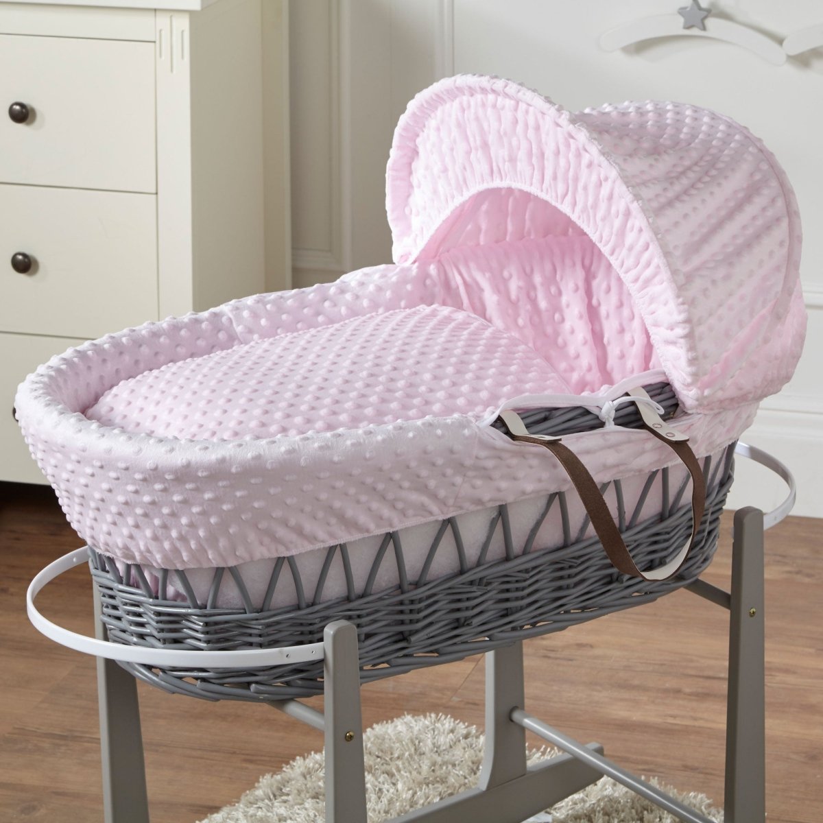 Pink Dimple Grey Wicker Baby Moses Basket With Stand - Glamorous Boutique