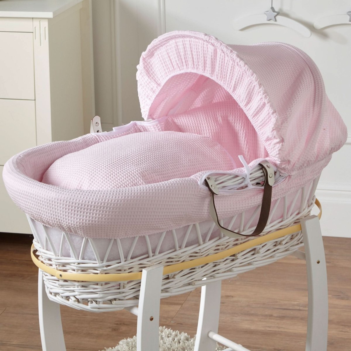 Pink Waffle White Wicker Baby Moses Basket With Stand - Glamorous Boutique