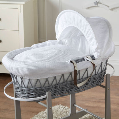 White Waffle Grey Wicker Baby Moses Basket With Stand - Glamorous Boutique