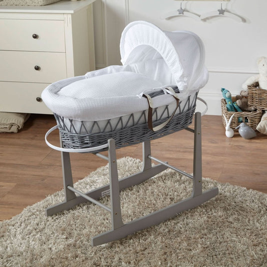 White Waffle Grey Wicker Baby Moses Basket With Stand - Glamorous Boutique