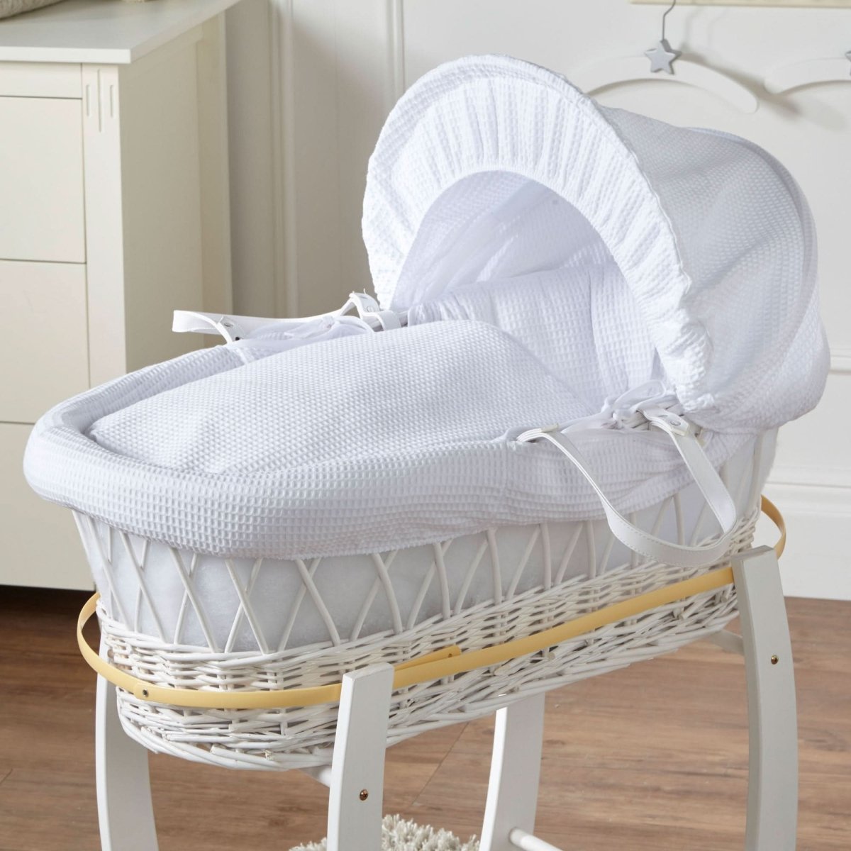 White Waffle White Wicker Baby Moses Basket With Stand - Glamorous Boutique